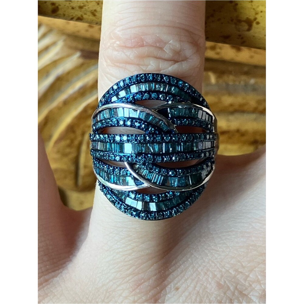 Genuine Blue Diamond Sterling Silver Cocktail Ring Size 7